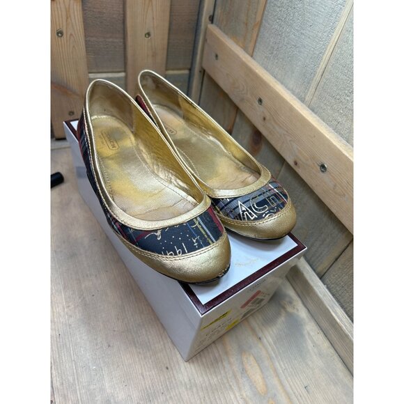 US6 COACH Tartan Plaid Gold Metallic True Graffiti Flats Slip On - Picture 2 of 7